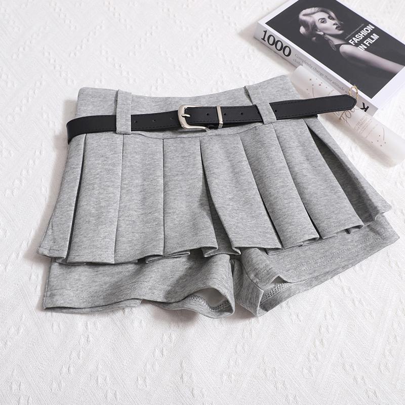 Womens Shorts Autumn Winter Belt High Waist Fluffy Pleated A-line Skirt Korean Fashion Sexy Y2k All Match Clothes
