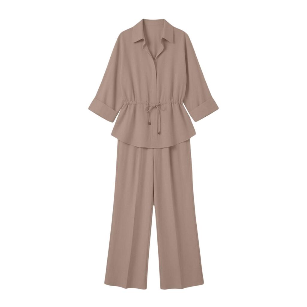 Women's Casual Two Piece Long Sleeve Collared Shirt and Pants Set