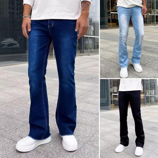 Męskie Jeansy Regular Fit Jednokolorowe Spodnie Denim z Rozporkiem na Zamek i Guzik, Wszechstronne Rozszerzane Spodnie Denimowe, Odzież Uliczna