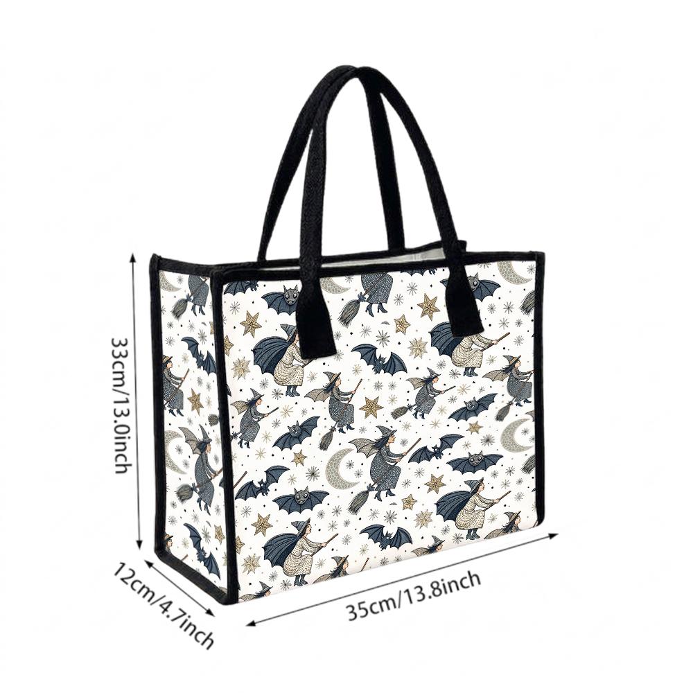 Halloween Witch Bat Print Canvas Tote Bag Portable Daily Shopping Shoulder Handbag