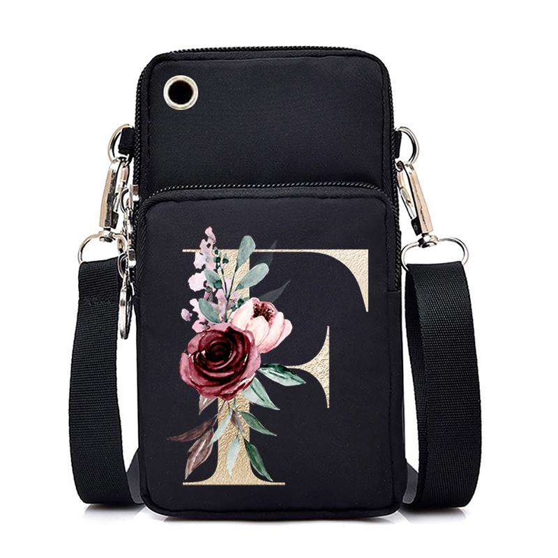 Gold Color Letters A B C D Mini Mobile Phone Bag Pink Flower Alphabet Vertical Handbag 26 Initials Flower Woman Purse Handbags