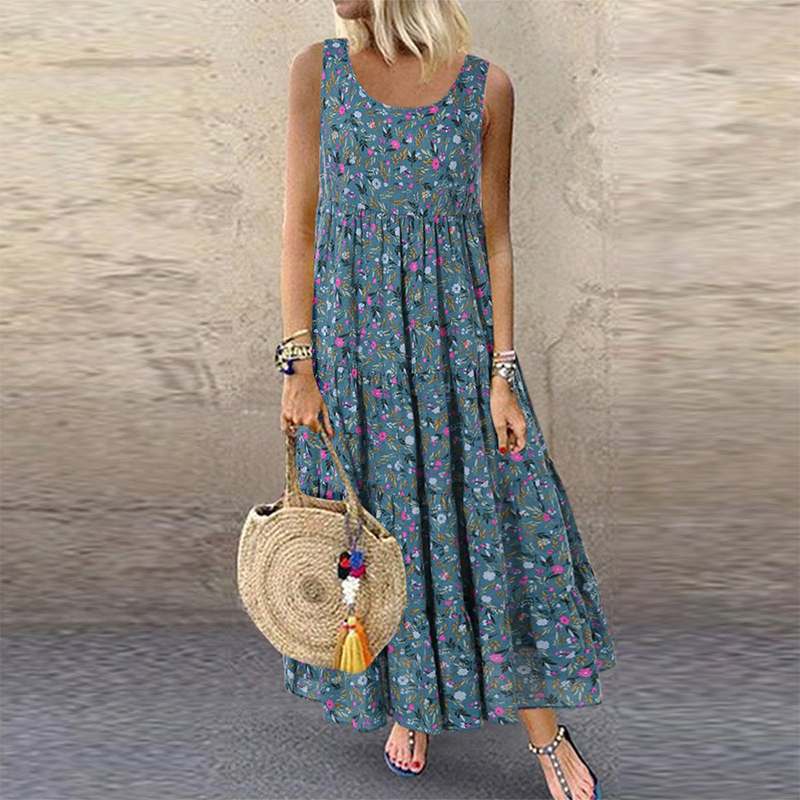 Floral Print Loose Long  Women Casual Vintage Sleeveless O Neck Bohemian Maxi  Beach Sundress Plus Size