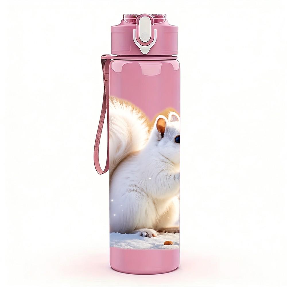 1PC White Squirrel Nut Animal Print 750ml Color Plastic Sports Water Bottle Leakproof Flip Straw Lid Suitable for Sports Office Home Use