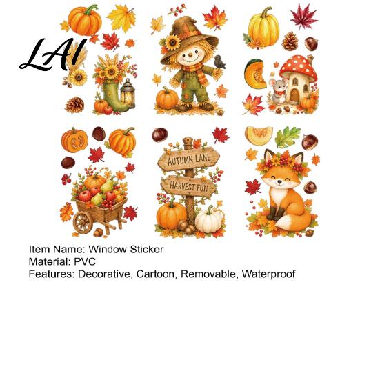 Seasonal Window Decals for Stores 6 Sheets Autumn Harvest Stickers Thanksgiving Cartoon Static Cling Decorations with Party Pumpkins Maple