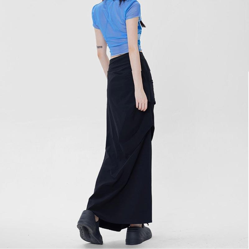 Elegant Skirt Women Sexy Slim Side Slit Pleated Mid-length Hip Skirt Y2k Vintage Fashion Bottoms Female Clothes Streetwear