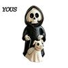 3D Carved Skeleton Decoration Grim Reaper & Ghostly Puppy Resin Figurine, Black Robed with Cute Mini Halloween Figurine 13cm Ghost Dog