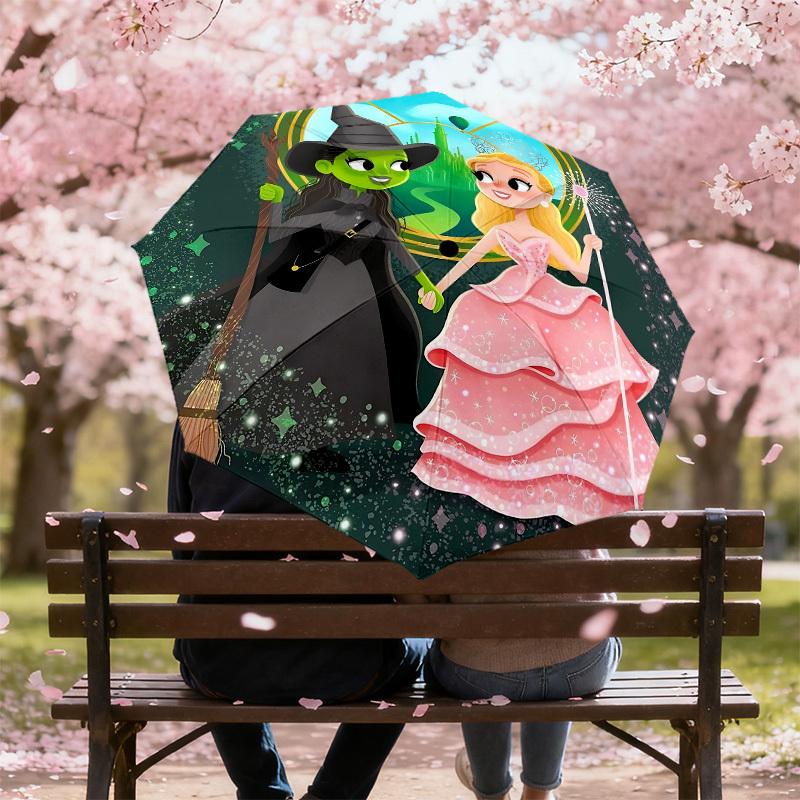 1PC Witch Princess Automatic Open/Close Umbrella with Windproof, 8-Rib Sturdy Canopy, Durable Ribs, Fashionable Design, Outdoor Accessory, Fun Prin, H
