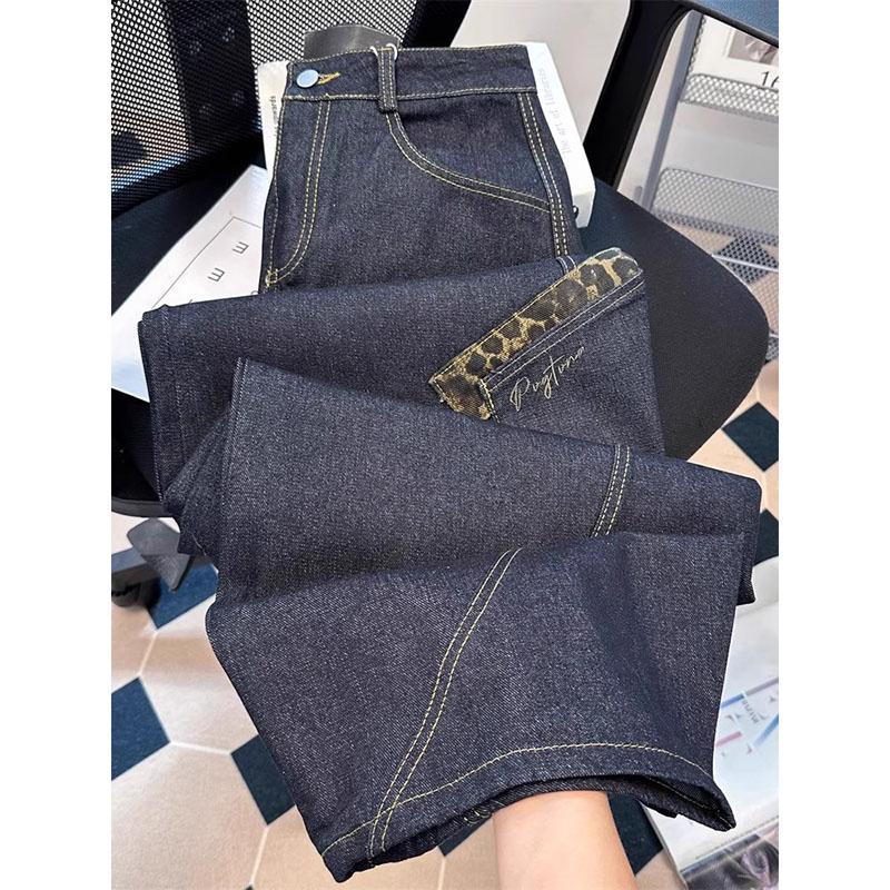 Vintage Leopard Print Splices Straight Leg Jeans Female High Waist Loose Pocket Denim Trousers for Women Casual Woman Pants