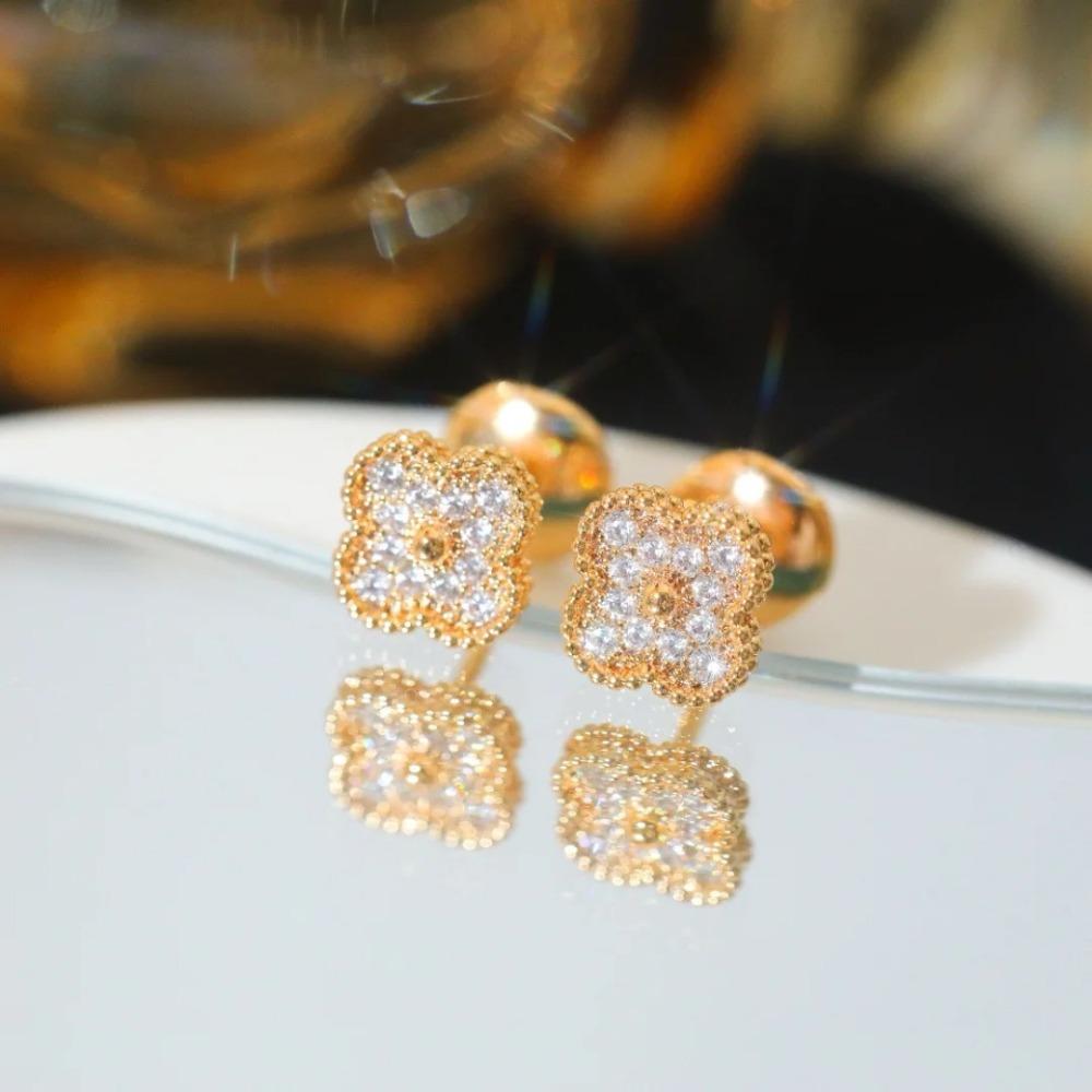 Women Jewelry Set Mini Clover Bracelet Full Diamond Earrings Champagne Gold Necklace Ring