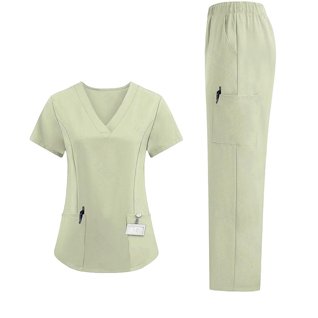 Ladies' Loose And Comfortable V-neck Short Sleeved Workwear With Multiple Pockets Suit Set