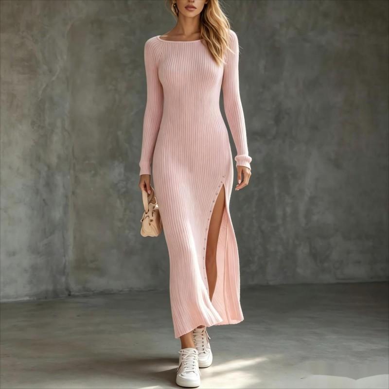 2026 Herbst Winter Rundhals Strickkleid Langarm Schmale Passform Schlitz Metallknopf Maxi