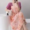Short-sleeved cotton silk nightgown women's summer square collar improved Hanfu national style cotton silk skirt loungewear can be worn outside 