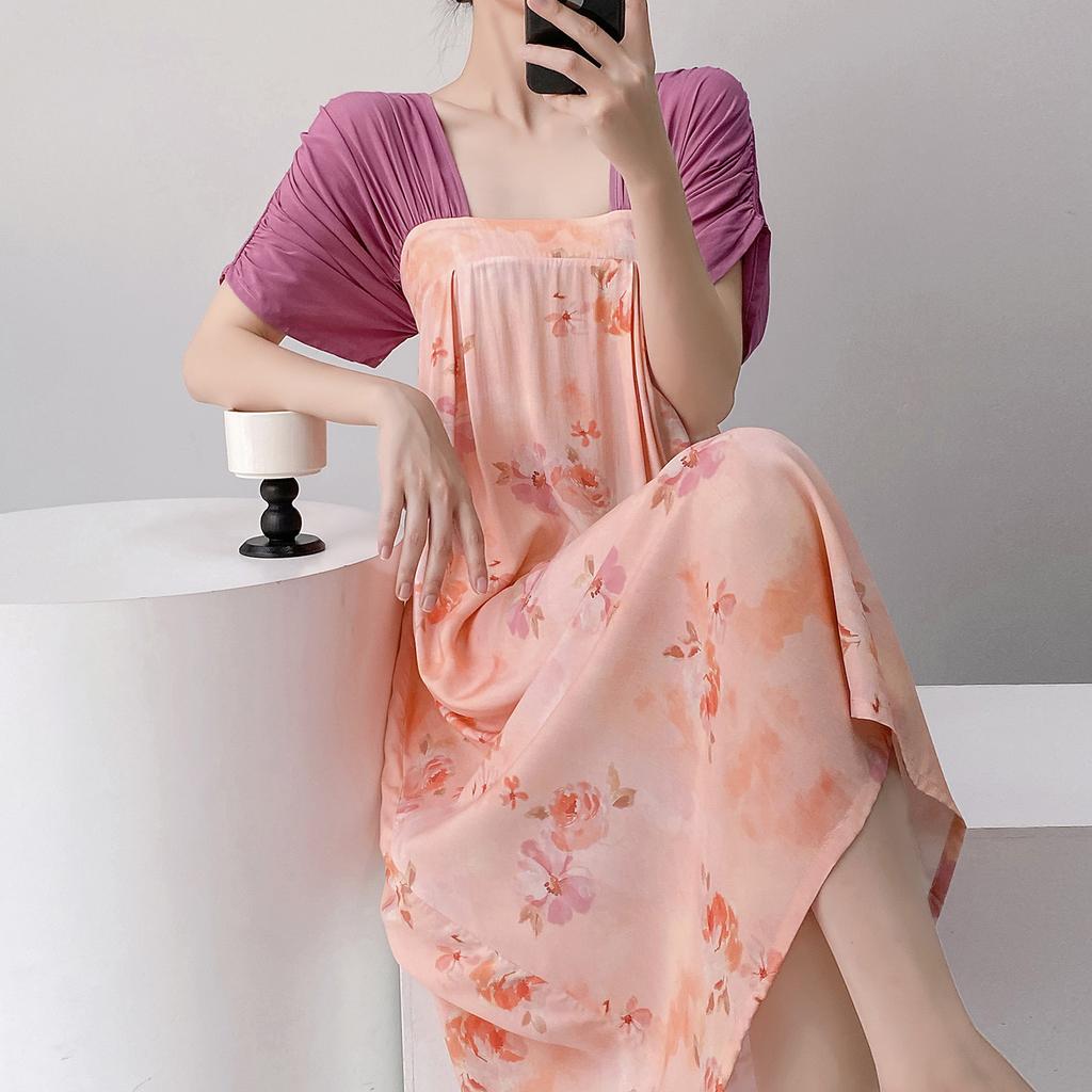 Short-sleeved cotton silk nightgown women's summer square collar improved Hanfu national style cotton silk skirt loungewear can be worn outside