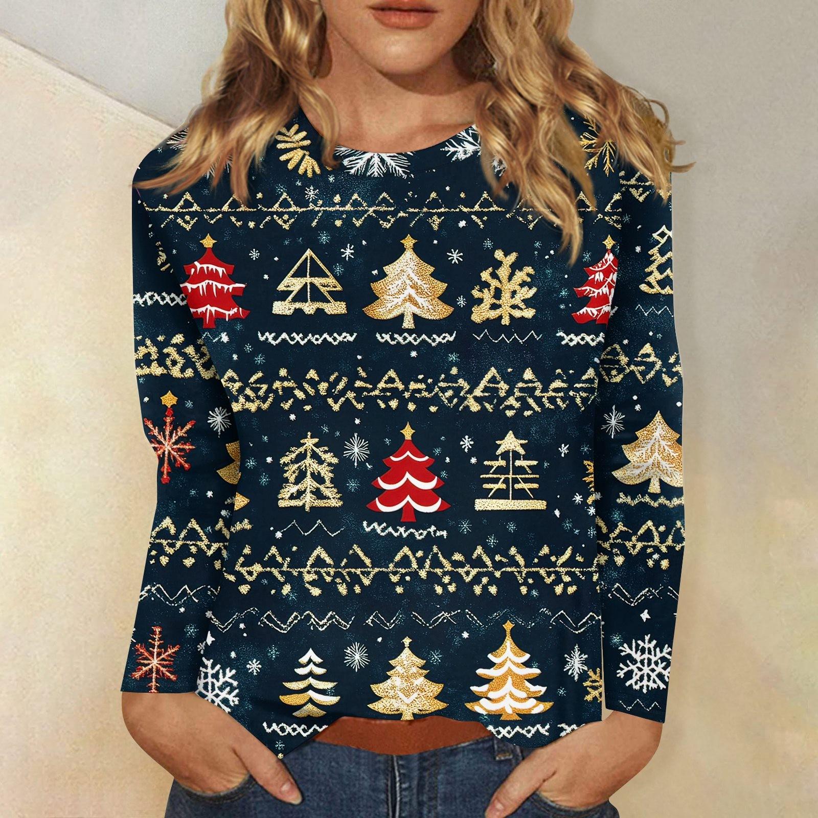 

Женская мода повседневный рождественский принт круглый вырез длинный рукав пуловер топ XXXL чёрный