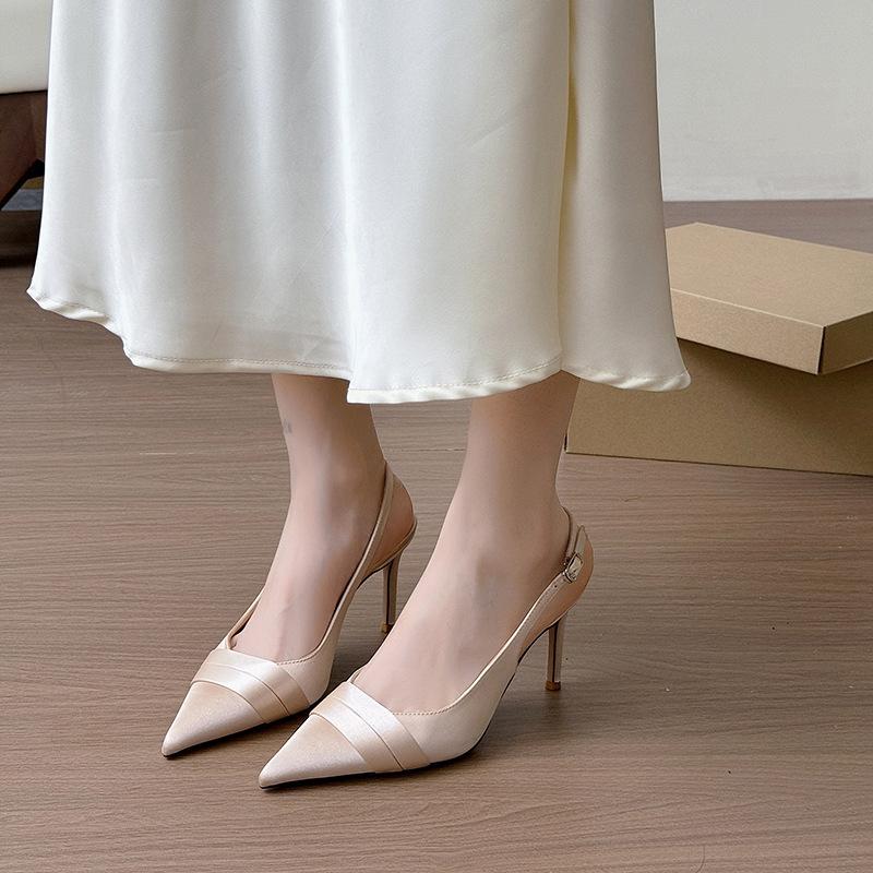 Baotou Thin Heel Sandals Women's 2025 New Pointed French Temperament Satin Apricot One-word Buckle with Versatile Sandals Women