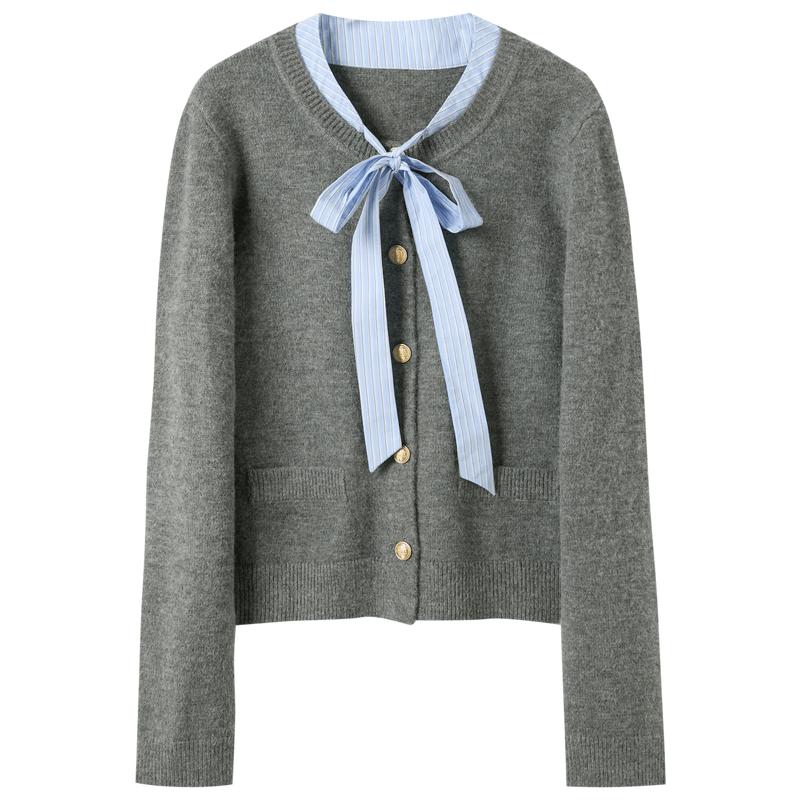 Sancai 2026 Winter Faux Two-Piece Striped Knitted Cardigan