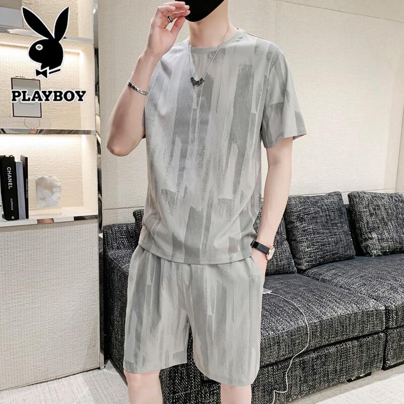 PLAYBOY Men's Ice Silk Short Sleeve T-Shirt & Shorts Set