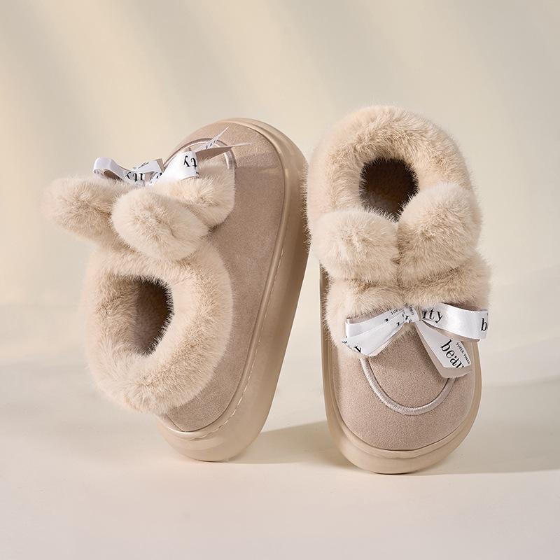 2025 new winter bag heel cotton slippers women's bow leather fleece confinement shoes thickened indoor home plush cotton shoes