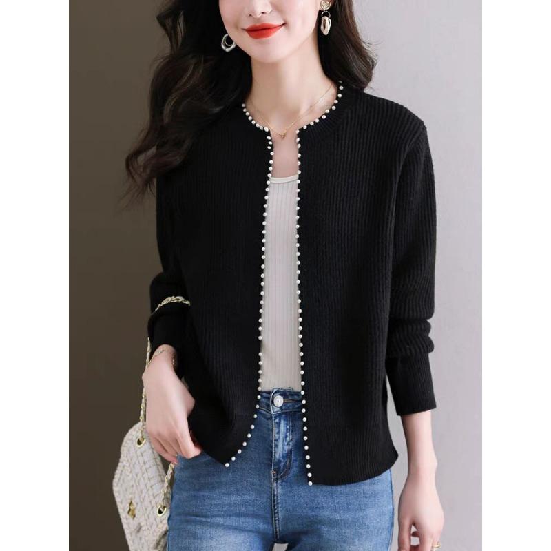 

Вязаный кардиган с круглым вырезом для женщин, короткая осенняя одежда, новый стиль, внешний стиль, свитер, куртка, универсальная для осени и зимы 2XL чёрный