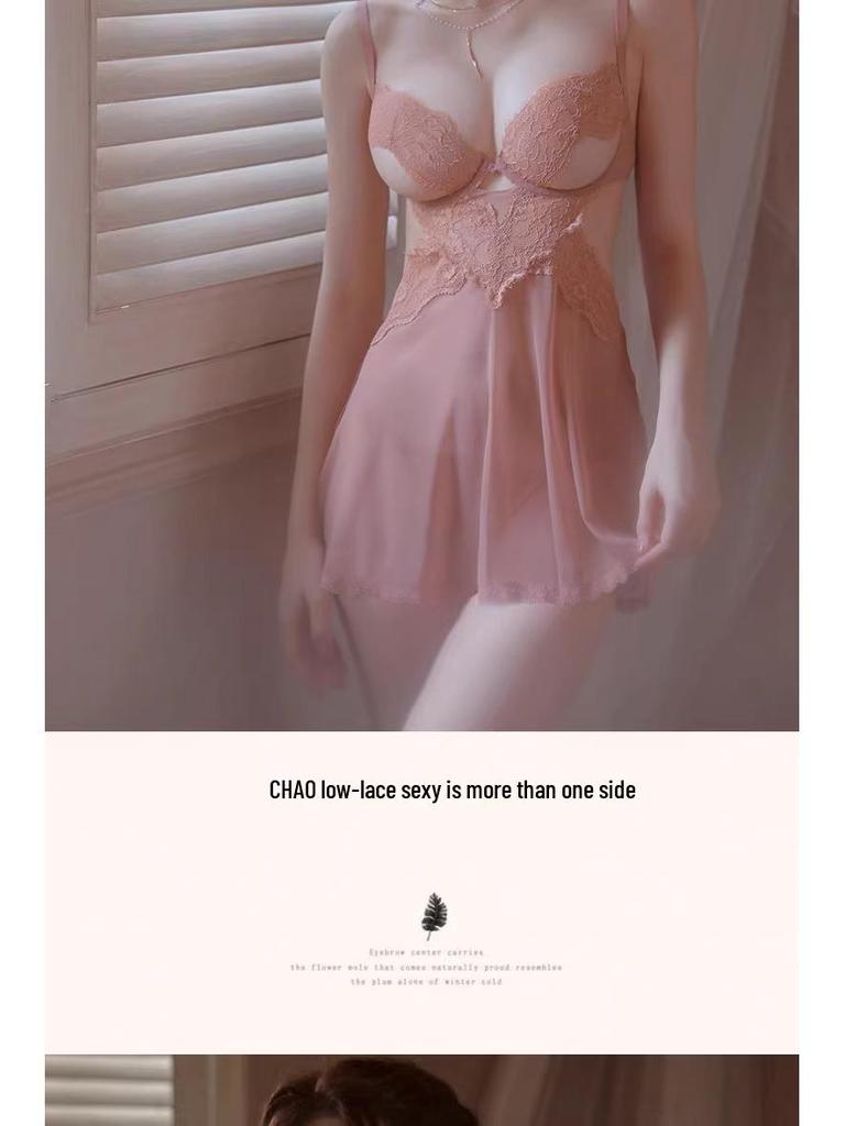 Sensual Mesh Lace Sling Nightdress with Gathered Front and Removable Padding