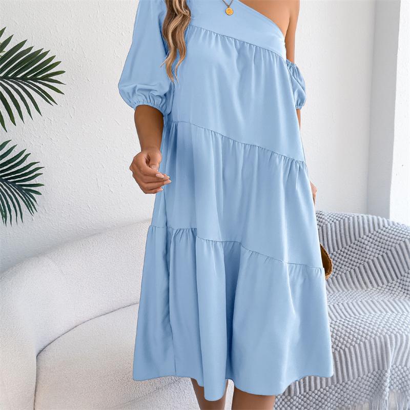 2026 Spring Summer Women's Off Shoulder Short Sleeved Ruffled Hem Long Skirt S-XL