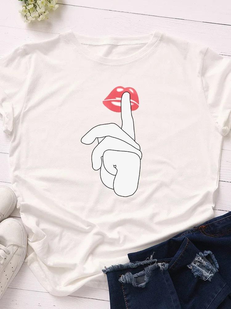 Zischen Zeichen Roter Lippenabdruck Damen T-Shirt Kurzarm O-Ausschnitt Locker Damen T-Shirt Damen T-Shirt Oberteile Kleidung Camisetas Mujer