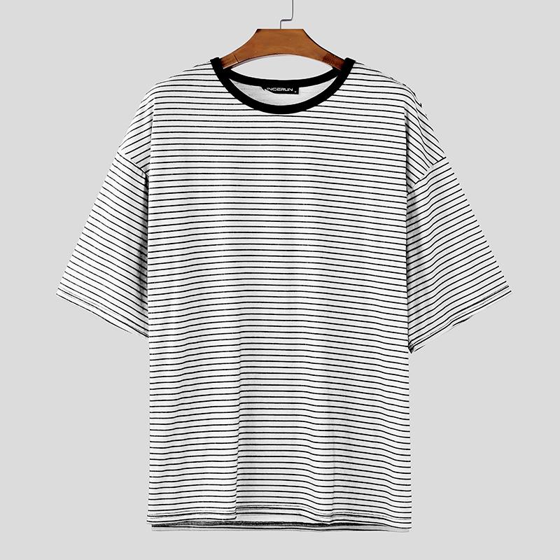 INCERUN Oversized Men O Neck Short Sleeve Striped Casual T-shirts
