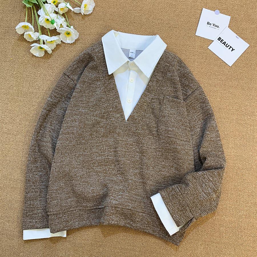 Men s V-Neck Two-Piece Style Knit Hoodie: Trendy Autumn/Winter Lapel Patchwork Color Block XXXL