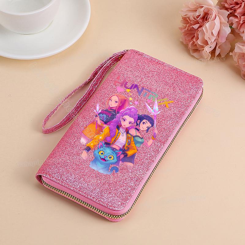 Vysoce kvalitní KPop Lovci démonů Dlouhá peněženka Dámské peněženky na zip Sequin Bling Koženka Kapsa na mince Držák na ID Kartu Dámské Clutch Peněženky