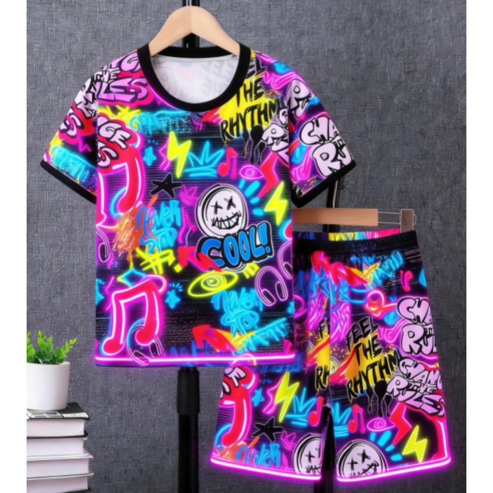Fashion Letter Graffiti Printed Summer Kids T-shirt and Shorts 2 Piece Set Summer Casual Outfit for Boys and Girls Kids Clothing