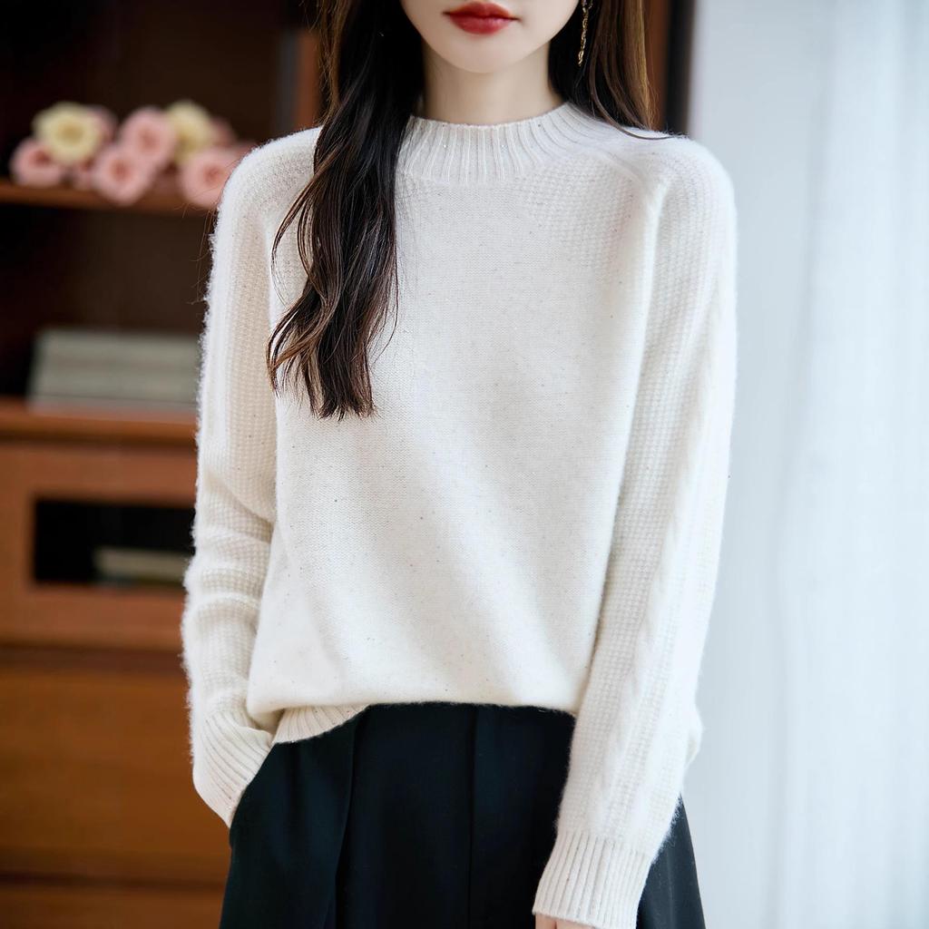 Autumn/Winter Women's 100% Wool Seamless Knit Sweater with Sequins - Half-High Collar, Thickened, Loose Fit