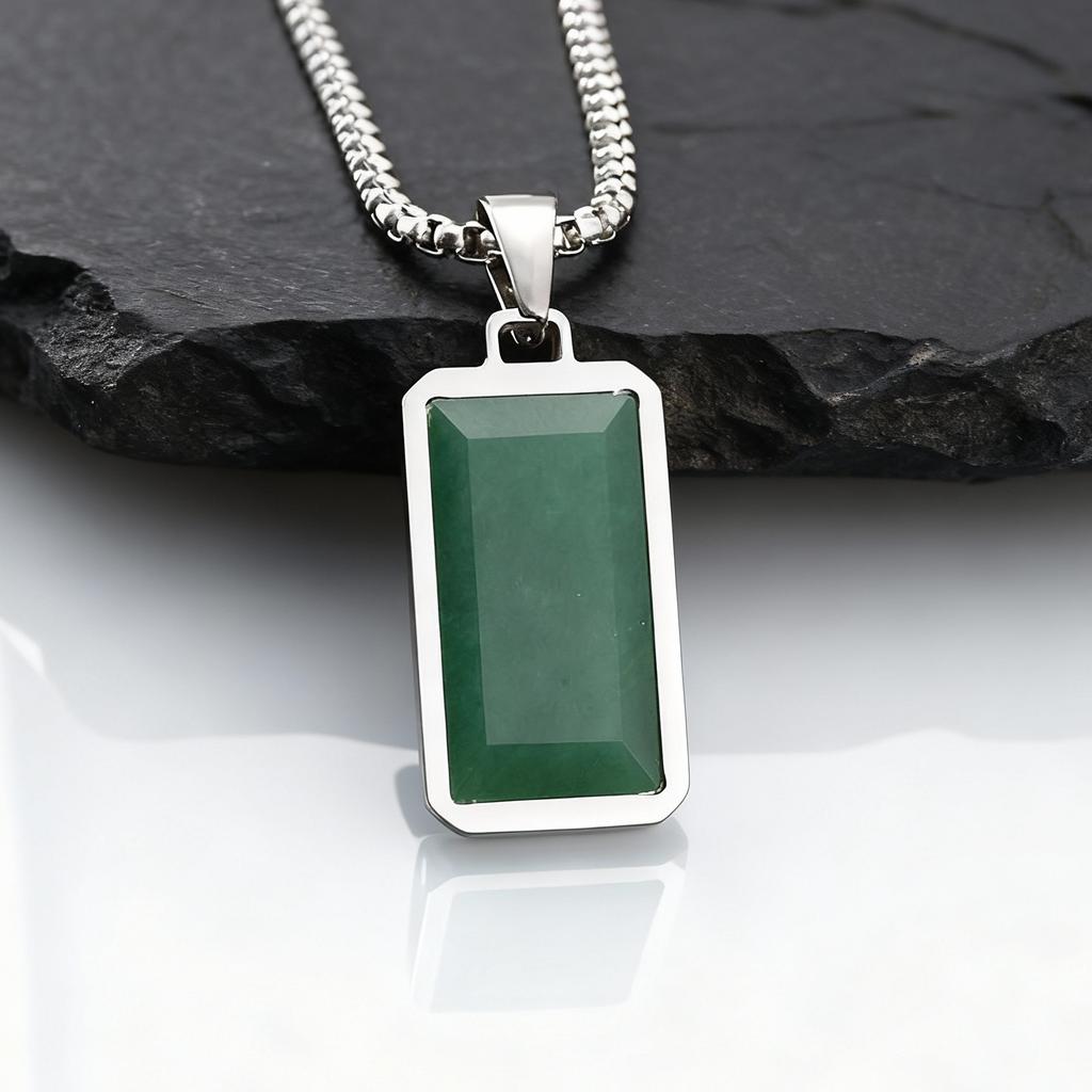 Green Natural Stone Dog Tag Necklace for Men,Stainless Steel Green Dongling Stone Square Pendant Necklace Gift