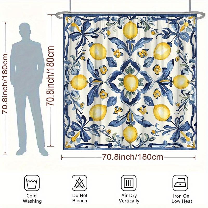 1 ks Sprchový závěs Citron & Modré listí - Středomořská akvarelová malba, Krémové pozadí, 70,8x70,8", Polyester, Snadno se čistí