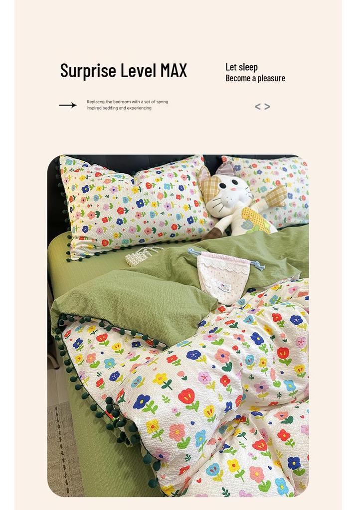 High-Value Cute Pom-Pom Bed Cover Set - Double-Layer Gauze Duvet & Sheets for Single Dormitory, 3-Piece Set