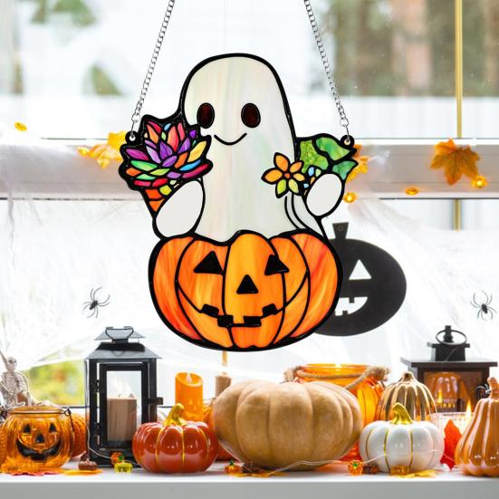 Halloween Cute Ghost Suncatcher Stained Glass Style Acrylic Window Hanging Ghost Light Catcher for Window Wall Decor