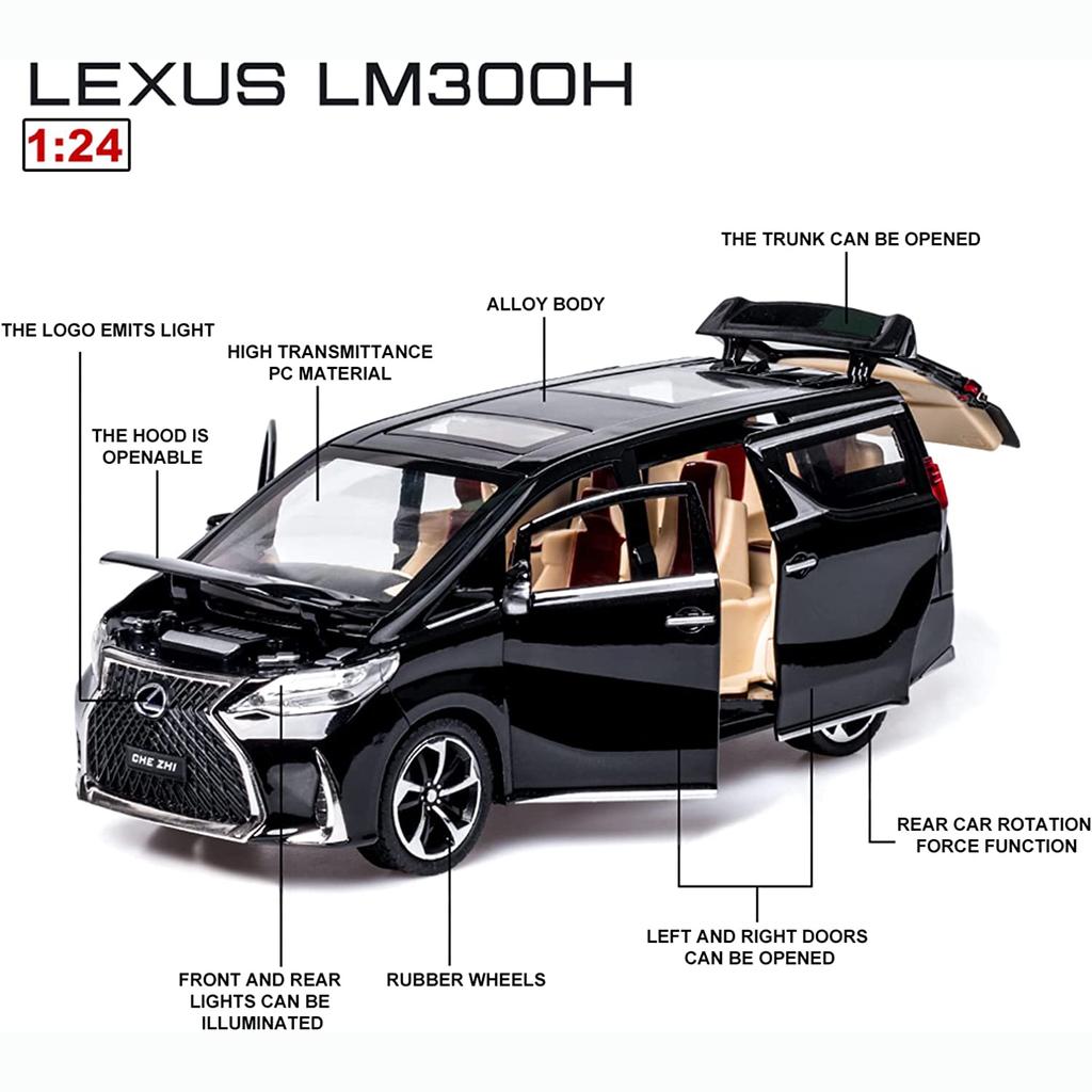 1/24 Scale Lexus LM300 Alloy Model Car, Pull Back Metal Collectible Toy Car with Light and Sound Toy Vehicle Door Can Be Opened