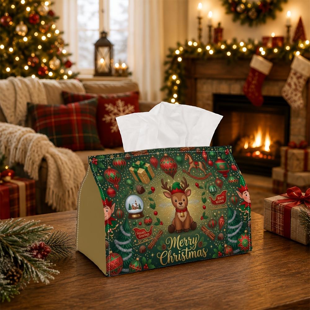 1pc Vintage Classic Winter Tissue Box - Reindeer Rocking Horse Snow Globe Napkin Storage Box, Suitable for Rolls/Facial Tissues/Single Sheets, Multi-F
