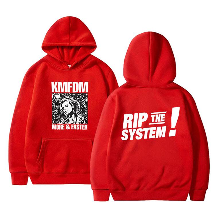 Bluza z kapturem męska z polaru w stylu vintage hardcore alternatywny rock Kmfdm More and Faster Rip The System w modzie oversize