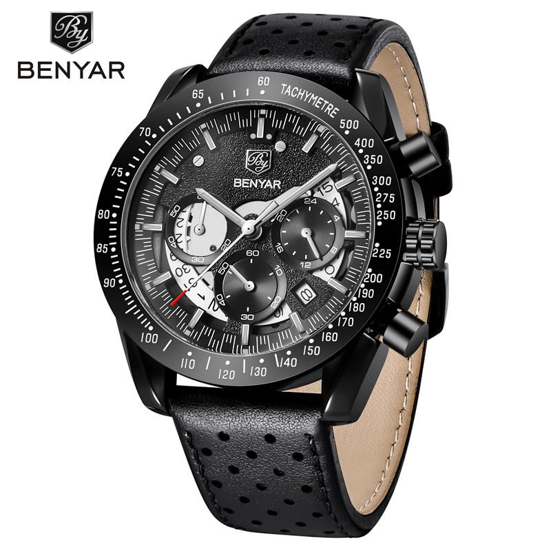 BENYAR Top Brand Luxury Watch Men Sport Quartz Male Chronograph Date Clock Military Army Black Genuine Leather Wristwatch 5120