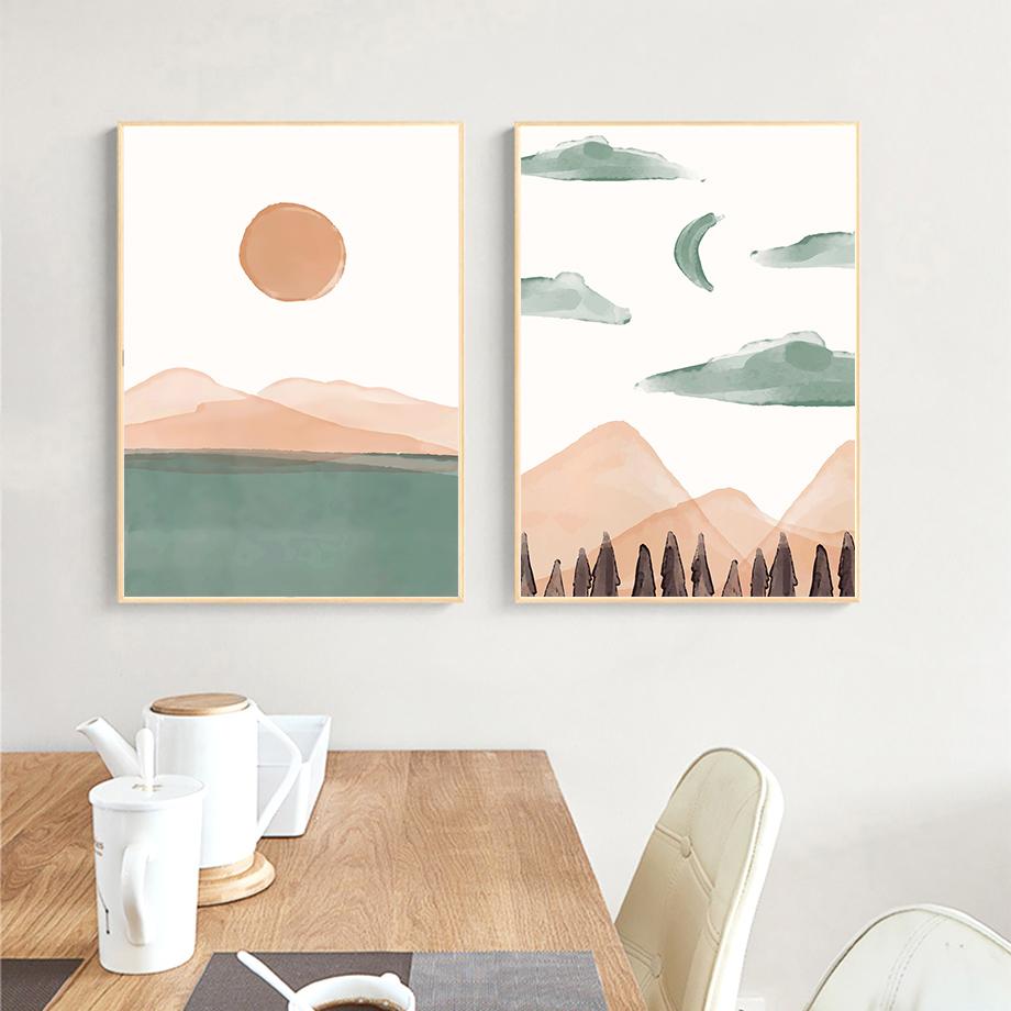 Abstract Mountain Leaf Sun Rainbow Geometry Landscape Posters And Prints Wall Art Canvas Painting Pictures For Living Room Decor