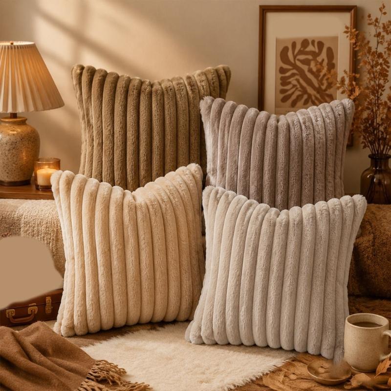 Guest Room Pillowcase Set of 4, 45 x 45 cm with Ribbed Front and Smooth Reverse for Sofa Line Indoor Seating Use