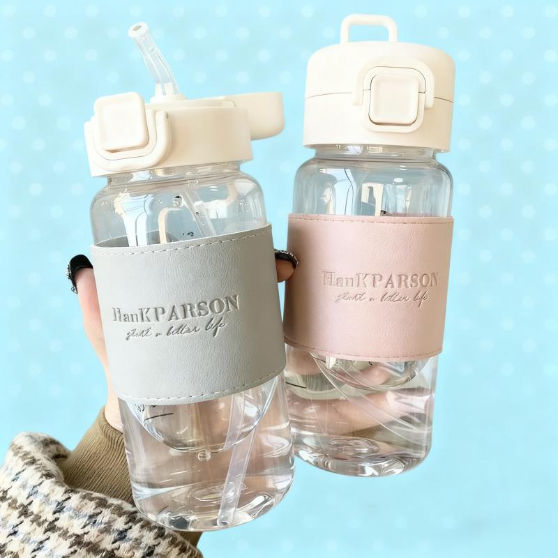 500ml Leak-proof Water Bottle with Straw Portable Student School Food Grade Plastic Water Cup Modern Simple Style Juice Beverage