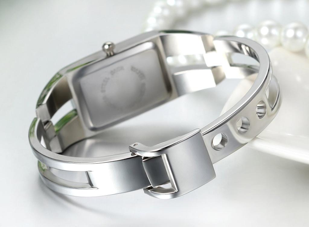 Women's Square Face Stainless Steel Bracelet Watch, Simple, Waterproof, Cute, Silver-Black