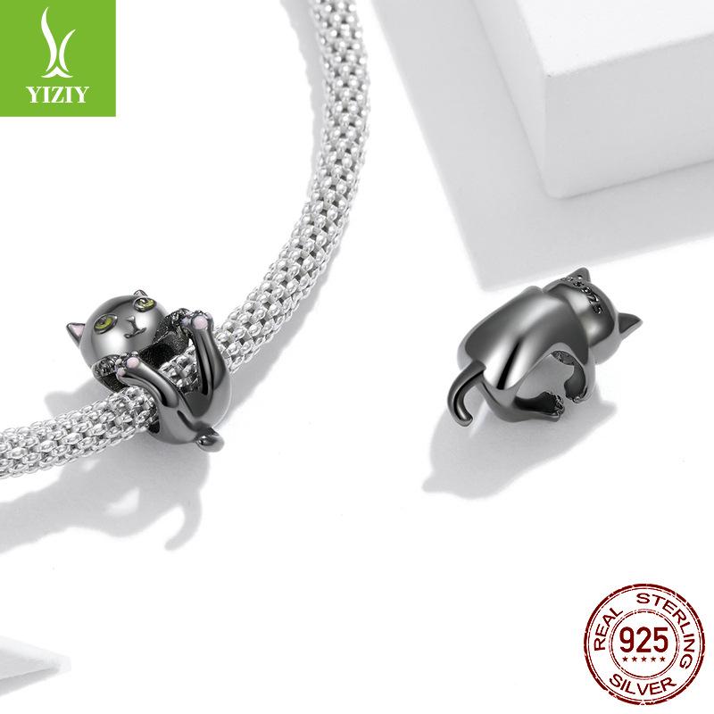 Black Gold Plated Cat Diy Bracelet Beaded, Cute Black Cat S925 Sterling Silver Beads Loose Beads