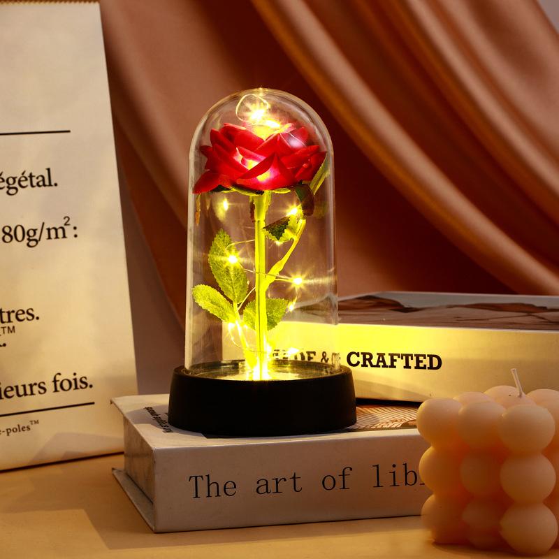 Eternal Rose in Glass Dome Desk Accessorie Artificial Flower Glow LED Roses Flores Eternas Birthday Christmas Gifts Room Decor
