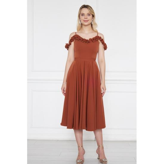 Women's Adjustable Strap Ruffle Detailed Collar Pleated Flared Midi Evening Dress