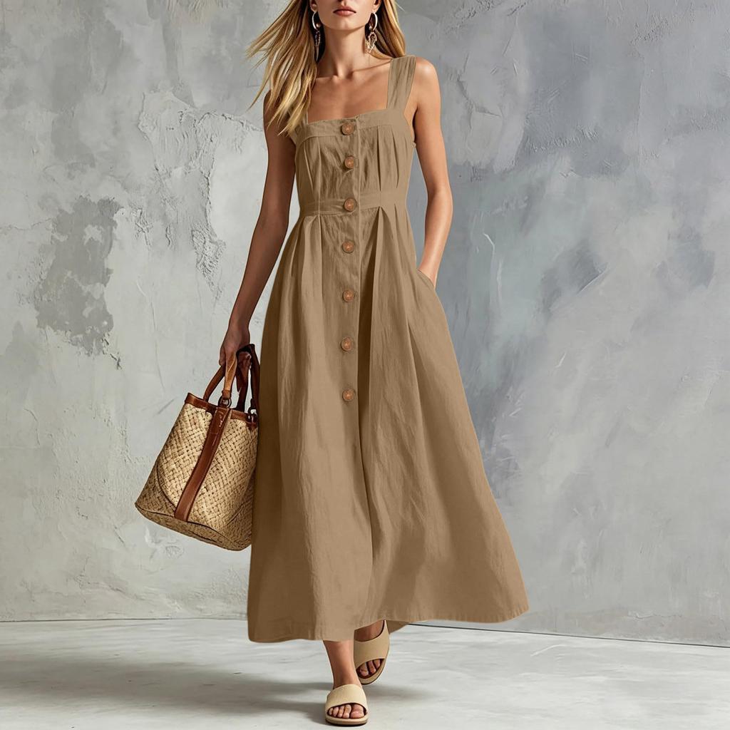 Women Sleeveless Button Front Maxi Dress Casual Long Dress with Pockets Lightweight Summer Sundress