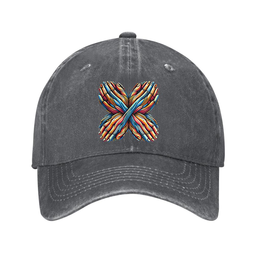 Colorful Intertwined Hands Butterfly Graphic Washed Denim Baseball Cap Unisex Casual Adjustable Dad Hat
