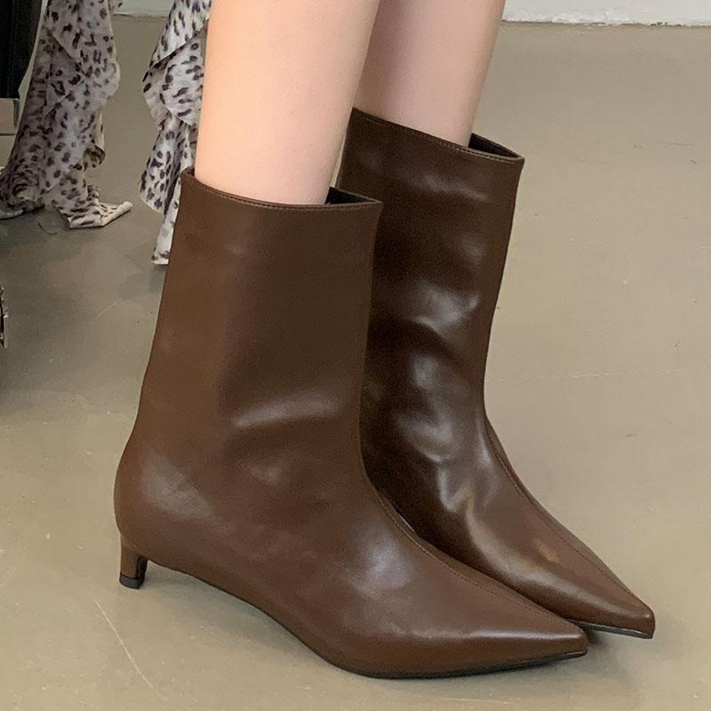 Fashion Brown Footwear Female Slip On Shoes Knee High Boots For Ladies Fashion Pointed Toe Women Ankle Western Boots With Low Heel Shoes