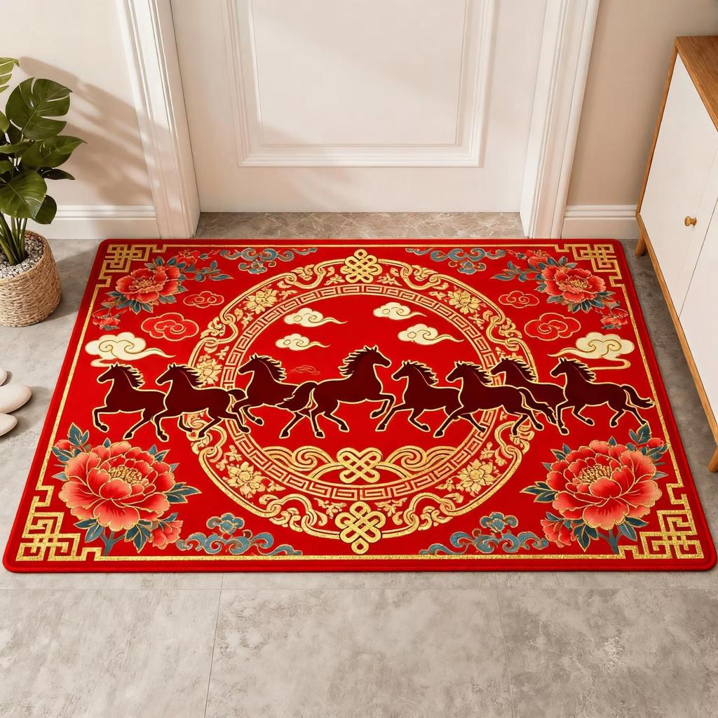 Chinese Style Carpet Red Horse Pattern Carpet Chinese New Year Living Room Entrance Non Slip Mat Home Decoration Rug
